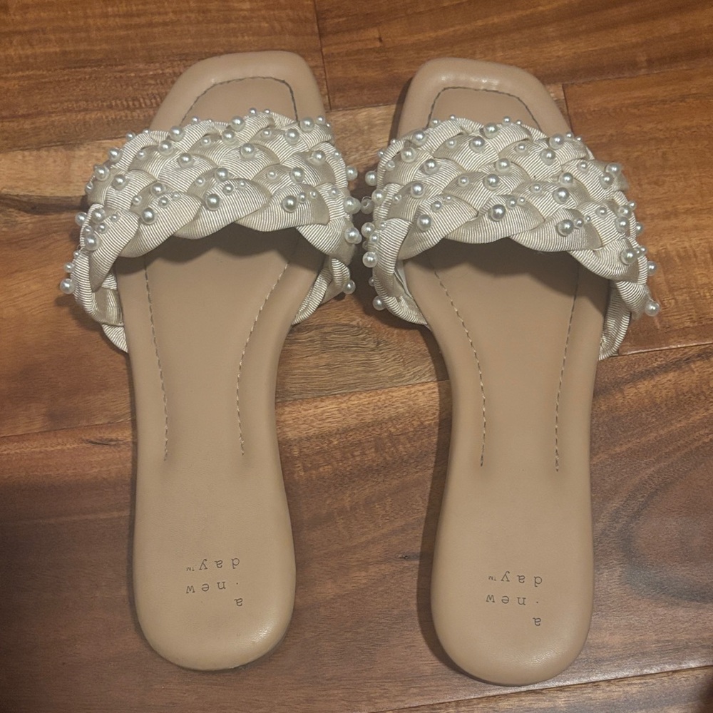 a new day Pearl-Embellished Cream Braided Sandals